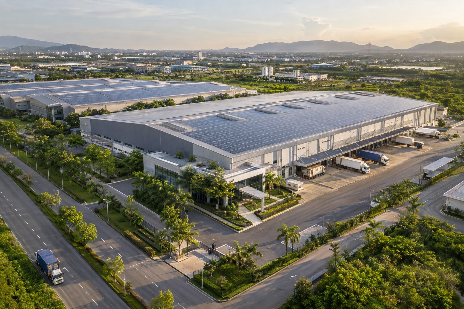 Industrial campus with rooftop solar and logistics infrastructure