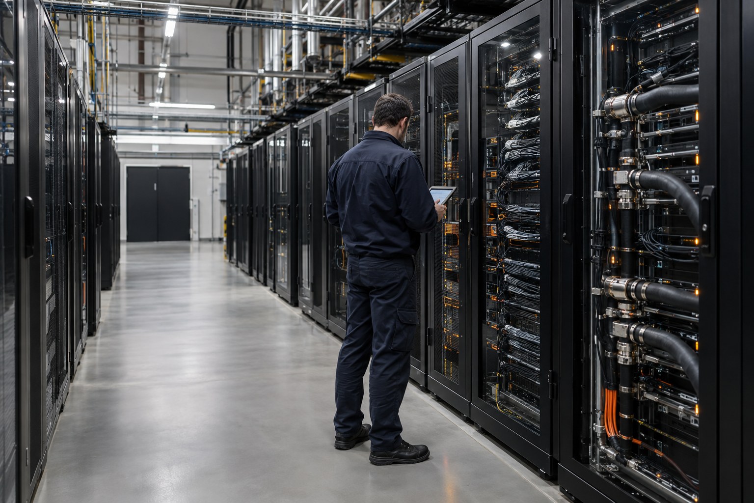 Engineer inspecting servers in a modern data centre