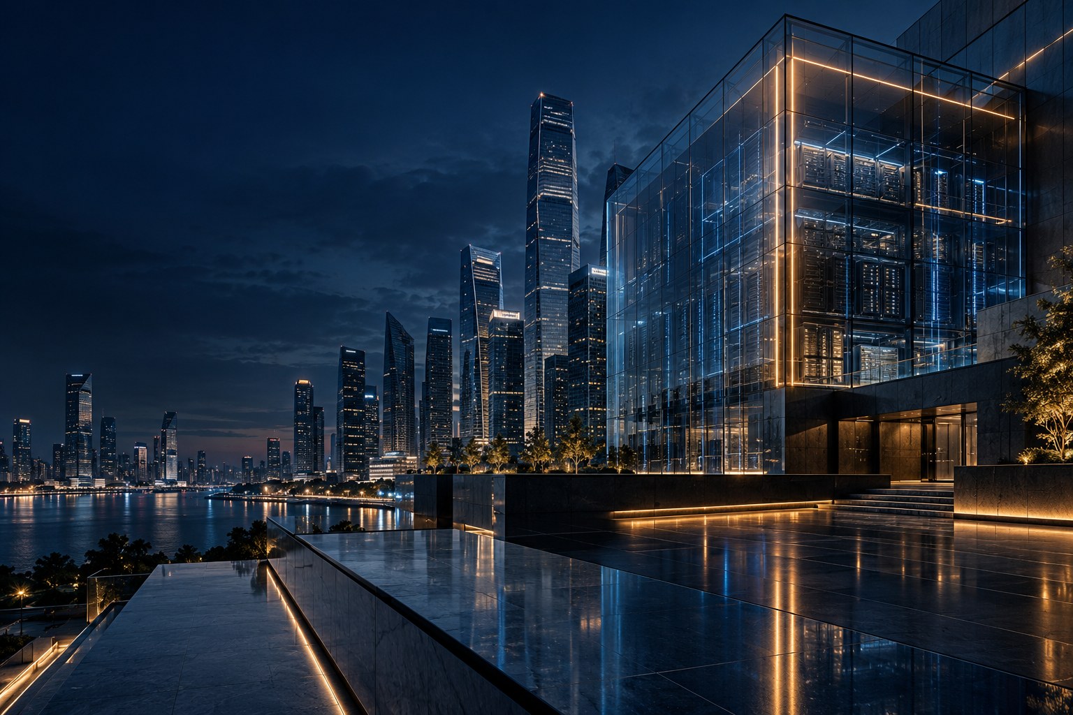 暮色中的现代金融区建筑